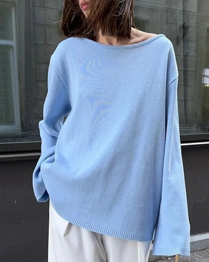 Sweter damski oversize z odkrytymi plecami – miękka gładka dzianina, długi rękaw