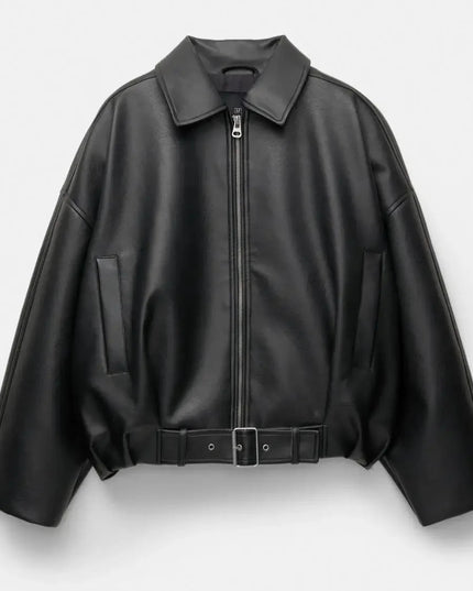 Damska skórzana kurtka przejściowa w stylu vintage - krój oversize