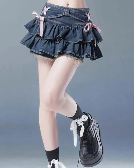 Spódnica mini jeansowa z kokardkami i falbankami