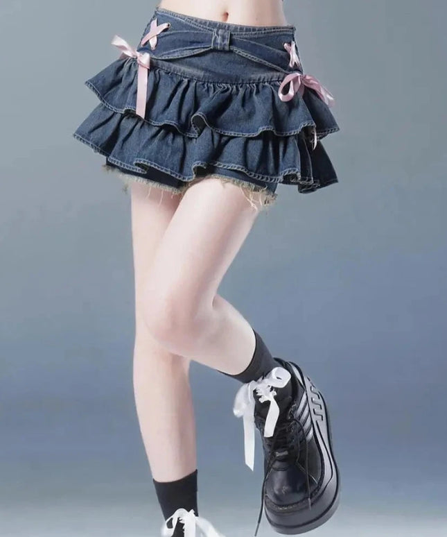 Spódnica mini jeansowa z kokardkami i falbankami