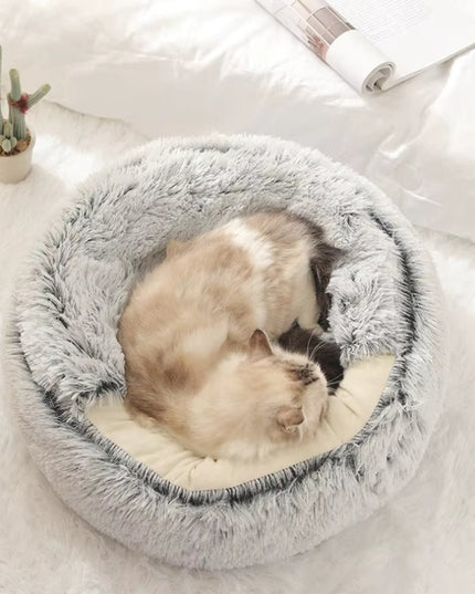 Pluszowe legowisko z kapturem dla pupila – ciepłe, okrągłe gniazdo z pokrowcem dla psa lub kota