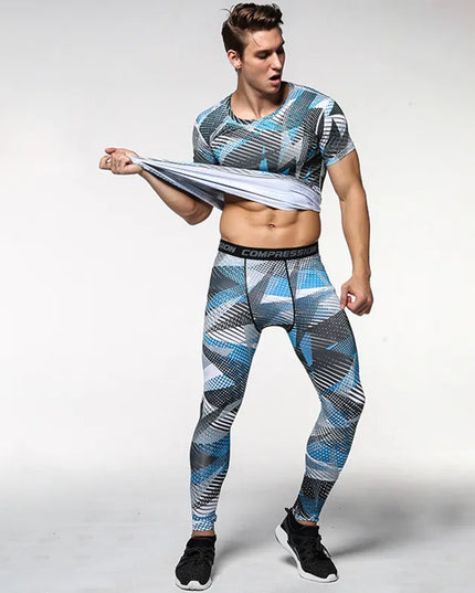 Sportowe legginsy męskie elastyczne w kolorowe motywy