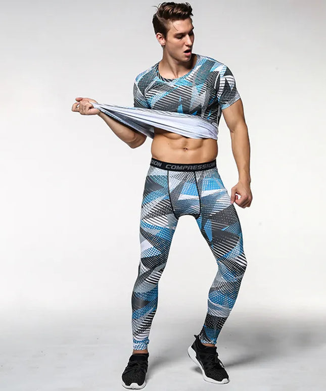 Sportowe legginsy męskie elastyczne w kolorowe motywy