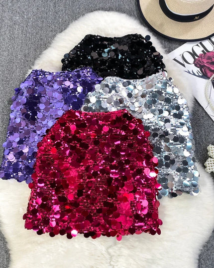 Spódnica mini z błyszczącymi cekinami i wysokim stanem