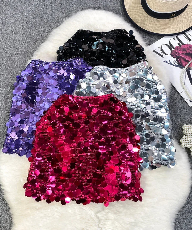 Spódnica mini z błyszczącymi cekinami i wysokim stanem