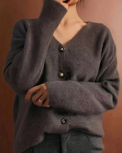 Damski kardigan rozpinany na guziki – prążkowany V-neck