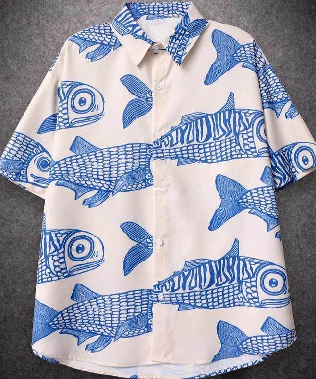 Męska koszula z krótkim rękawem i motywem ryb