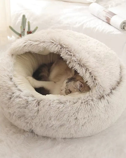 Pluszowe legowisko z kapturem dla pupila – ciepłe, okrągłe gniazdo z pokrowcem dla psa lub kota