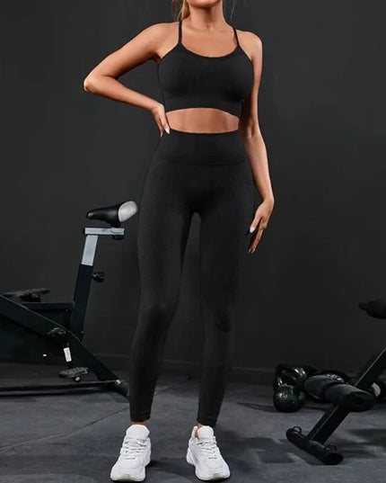 Sportowy komplet damski - legginsy push up i biustonosz ze skrzyżowanymi ramiączkami