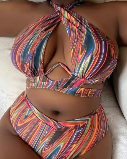 Dwuczęściowy strój kąpielowy plus size w kolorowe paski wiązany na szyi