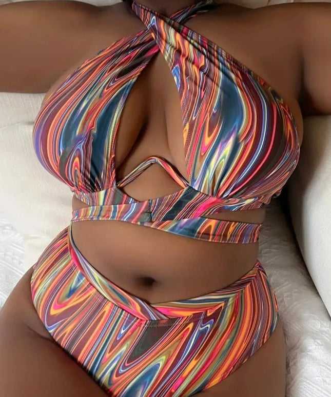 Dwuczęściowy strój kąpielowy plus size w kolorowe paski wiązany na szyi