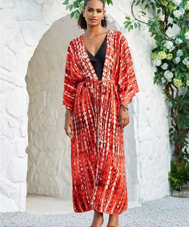 Długie kimono plażowe boho – narzutka damska na lato | Klenti