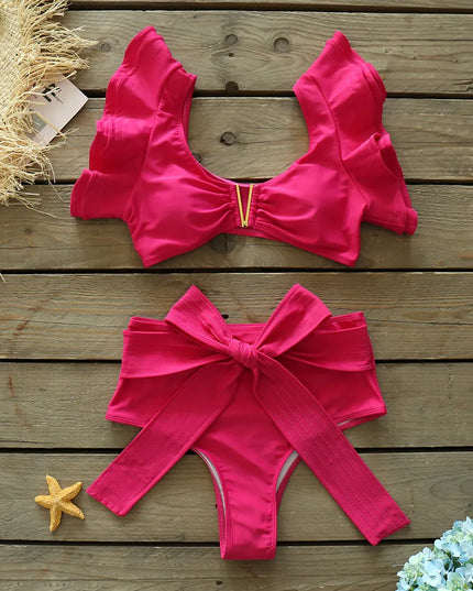 Dwuczęściowy strój kąpielowy z falbankami przy rękawach i wysokim stanem