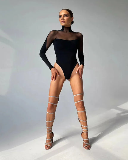 Body damskie z siateczki z długim rękawem