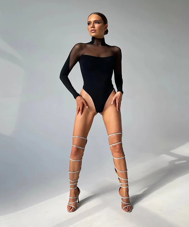 Body damskie z siateczki z długim rękawem