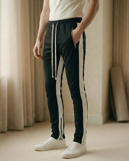 Sportowe dresy męskie z ozdobnym lampasem i suwakiem na nogawce