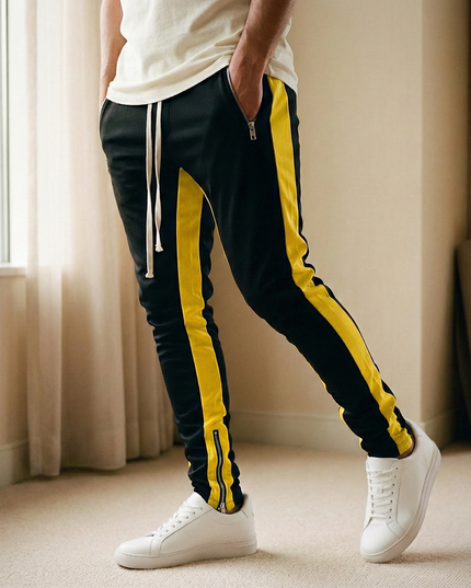 Sportowe dresy męskie z ozdobnym lampasem i suwakiem na nogawce