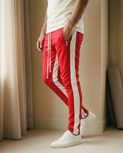 Sportowe dresy męskie z ozdobnym lampasem i suwakiem na nogawce