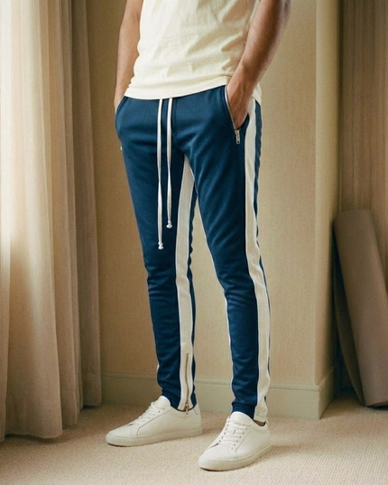 Sportowe dresy męskie z ozdobnym lampasem i suwakiem na nogawce