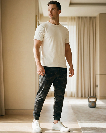 Sportowe dresy męskie dopasowane i elastyczne ze wzorem moro