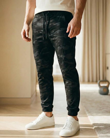 Sportowe dresy męskie dopasowane i elastyczne ze wzorem moro