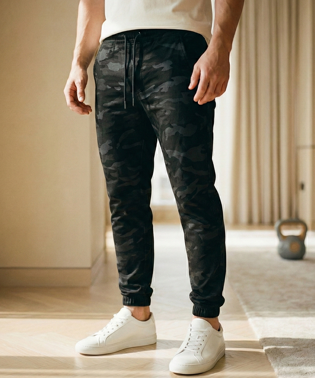 Sportowe dresy męskie dopasowane i elastyczne ze wzorem moro