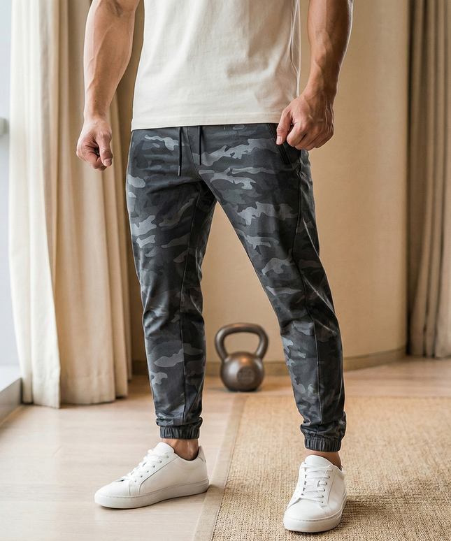 Sportowe dresy męskie dopasowane i elastyczne ze wzorem moro