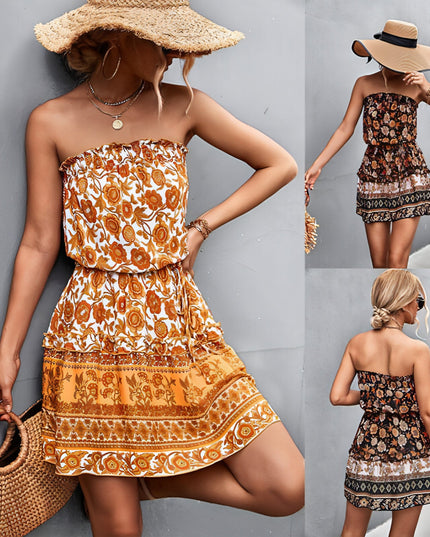 Damski w stylu boho w kwiatowy wzór print bez ramiączek sukienka letnia beach sukienka