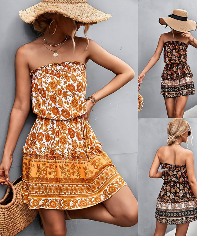 Damski w stylu boho w kwiatowy wzór print bez ramiączek sukienka letnia beach sukienka