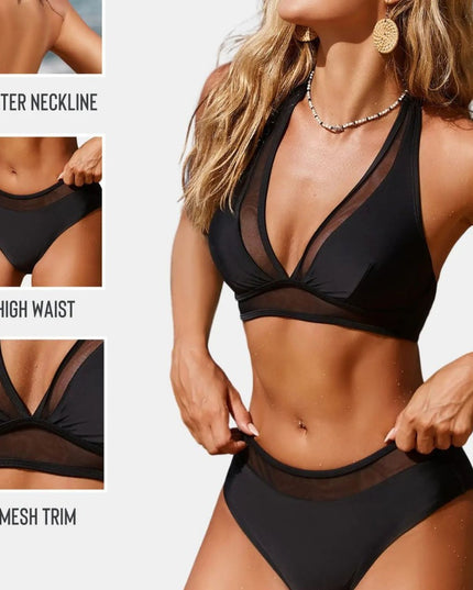 Bikini z Wysokim Stanem i Siateczką – Czarny Komplet Push-Up