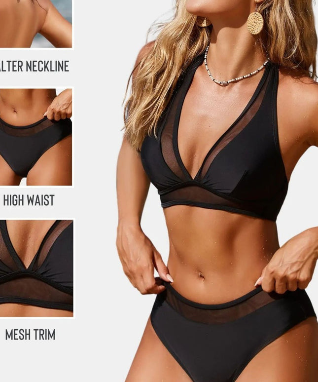 Bikini z Wysokim Stanem i Siateczką – Czarny Komplet Push-Up