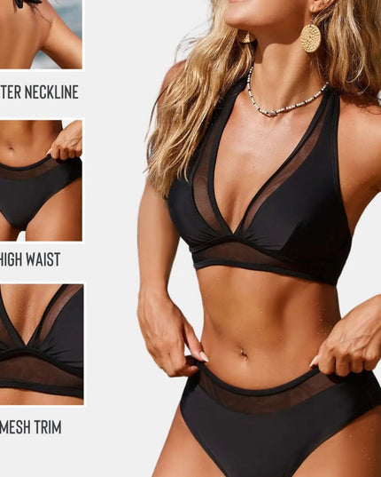 Bikini z Wysokim Stanem i Siateczką – Czarny Komplet Push-Up