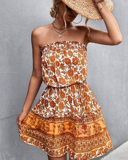 Damski w stylu boho w kwiatowy wzór print bez ramiączek sukienka letnia beach sukienka