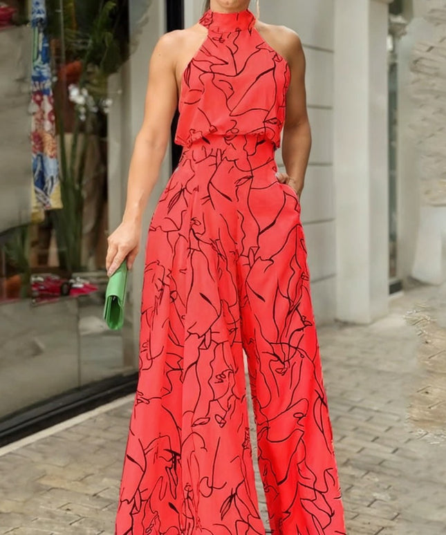 Damski kombinezon bez rękawów z szerokimi nogawkami