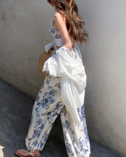 Komplet damski letni z topem i długimi spodniami