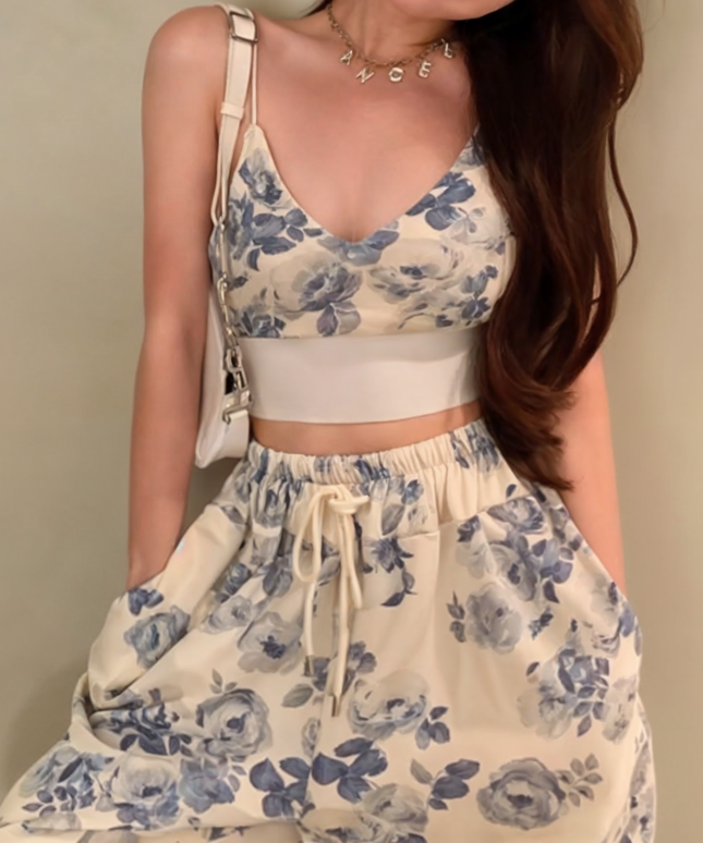 Komplet damski letni z topem i długimi spodniami