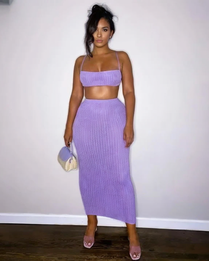 Dzianinowy komplet damski z topem i długą spódnicą