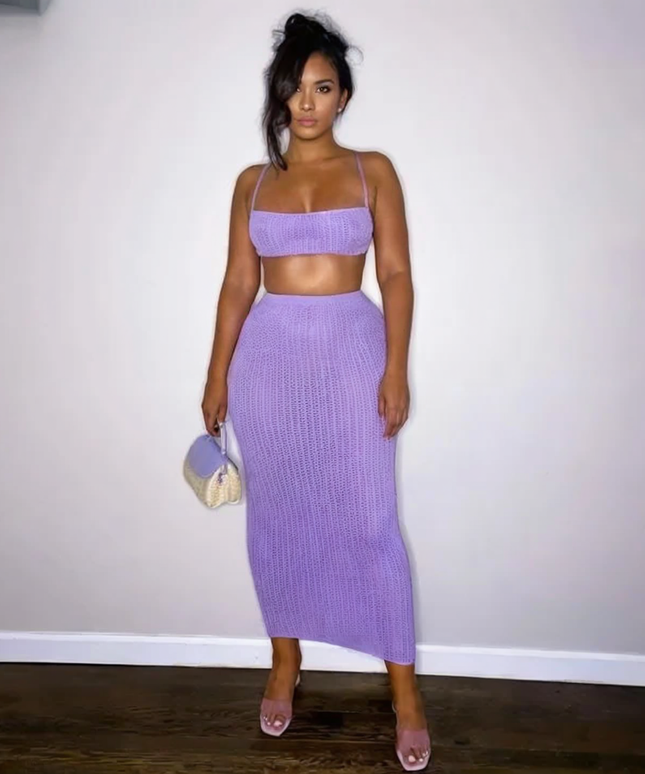 Dzianinowy komplet damski z topem i długą spódnicą