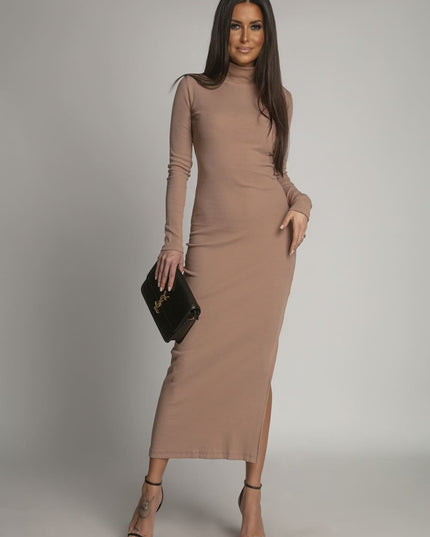 Bawełniany fitted sukienka maxi with cappuccino z golfem fg680