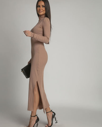 Bawełniany fitted sukienka maxi with cappuccino z golfem fg680