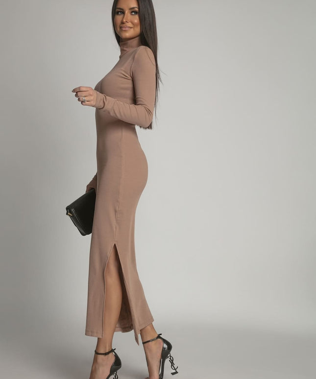 Bawełniany fitted sukienka maxi with cappuccino z golfem fg680