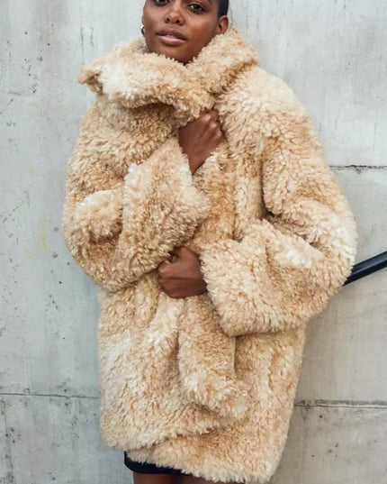 Damski płaszcz zimowy teddy bear — pluszowy kożuszek