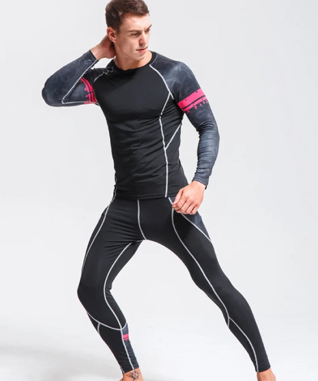 Sportowy komplet męski - dopasowana koszulka z długim rękawem i legginsy