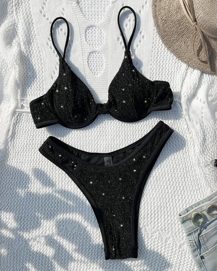 Błyszczący dwuczęściowy strój kąpielowy bikini z usztywnianym biustonoszem