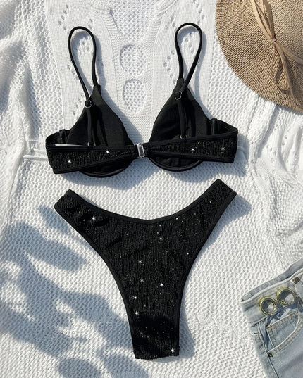 Błyszczący dwuczęściowy strój kąpielowy bikini z usztywnianym biustonoszem