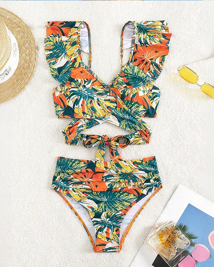 Dwuczęściowy strój kąpielowy z falbankami wiązany w talii