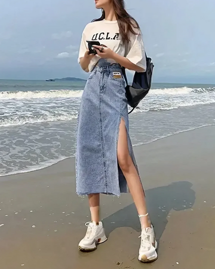 Spódnica midi jeansowa z dużym rozcięciem na boku