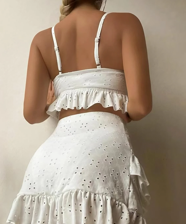 Dwuczęściowy strój kąpielowy z falbankami w zestawie ze spódnicą - 3 elementy