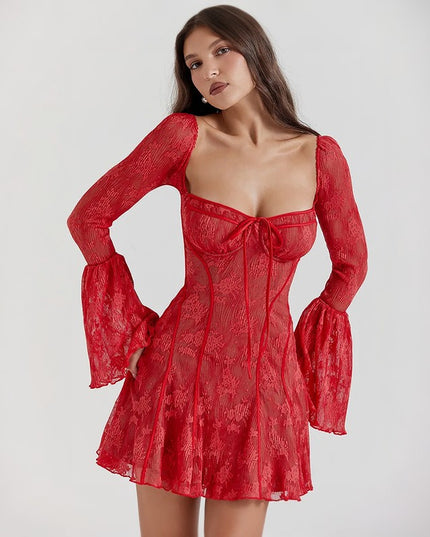 Sukienka mini koronkowa z kwadratowym dekoltem i rozszerzanymi rękawami