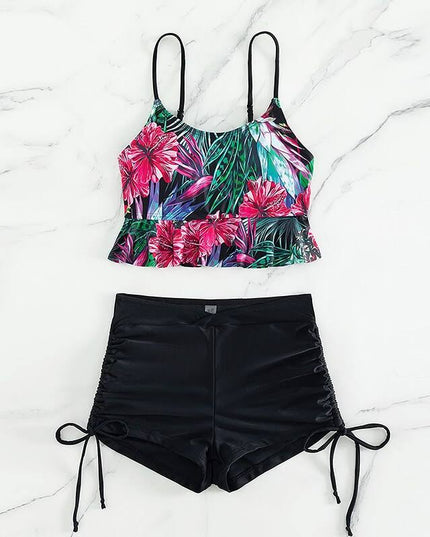 Dwuczęściowy strój kąpielowy tankini z falbanką i regulowanymi szortami